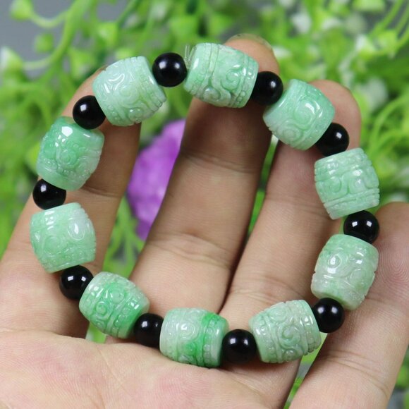 14*14*14 mm BEAD/54.96 g Cert'd Green Natural A JADE jadeite Moire Bracelet 5722 - Picture 2 of 7